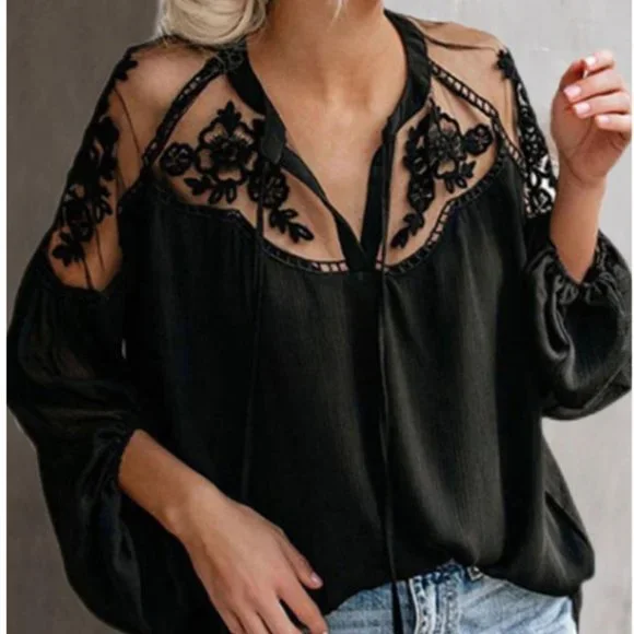 New Black Sheer Lace Boho Boutique Top M, L, XL, 2XL, 3XL - Picture 1 of 4